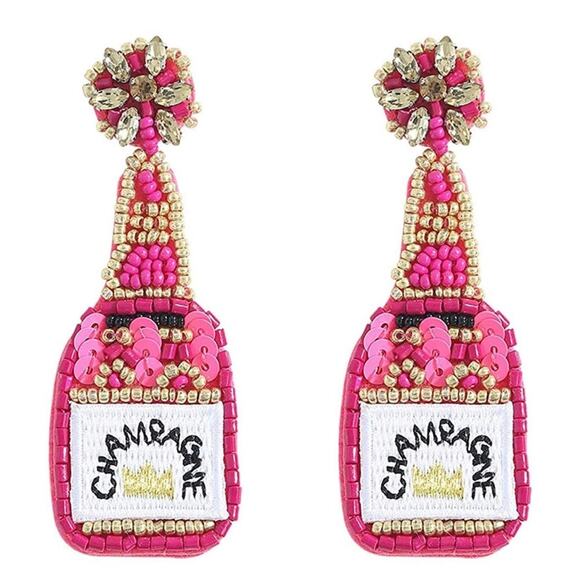 Pink Champagne Bottle Beaded Sequin Earrings - Picture 1 of 3